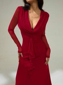 SHEIN PETITE Vestido de mujer con cuello profundo con volantes, bajo con volantes y malla, vestido sexy de fiesta y Navidad - Rojo - Ver 5