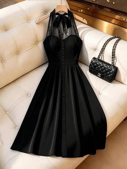 GlowEve CURVE Đầm chữ A ren cổ yếm thanh lịch dành cho nữ cỡ lớn, thích hợp cho mùa hè.