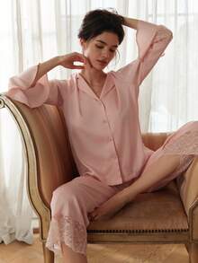 LUVLETTE Spring Fresh Light Pink Satin Pajama Set - Bell-Sleeve Top & Wide-Leg Pants With Lace Trim Soft Spring Lounge Wear Pyjama Wedding Items - Pink - View 12