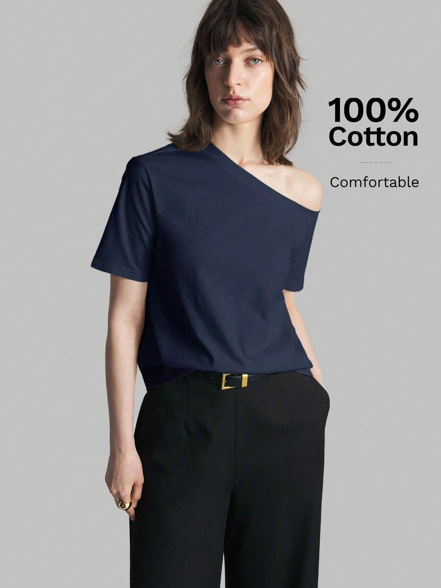 Ontre 2026SS Women's Solid Color Asymmetric Neck Short Sleeve Casual T-Shirt, Versatile Minimalist Style For Vacation - Navy Blue - View 1