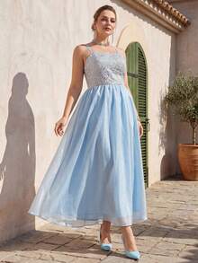 VOLUPTÉ CURVE Plus Size Summer Sky Blue Lace Cinched Waist Patchwork Spaghetti Strap Top Fairy Elegant Long Dress For Engagement Partys, Parties, Prom, Graduation - Blue - View 2