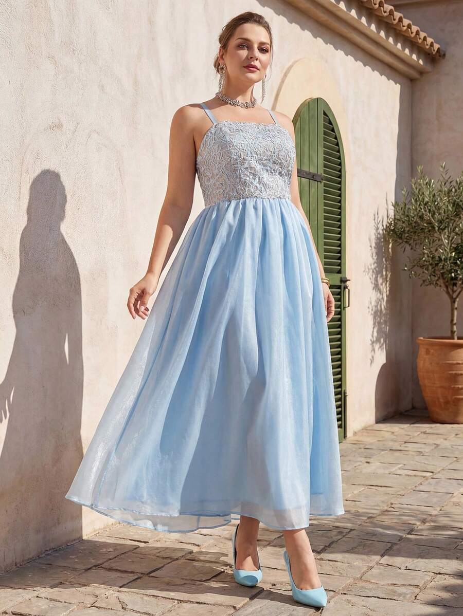 VOLUPTÉ CURVE Plus Size Summer Sky Blue Lace Cinched Waist Patchwork Spaghetti Strap Top Fairy Elegant Long Dress For Engagement Partys, Parties, Prom, Graduation