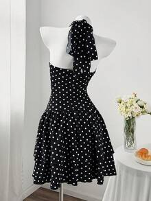 Sweetra Black And White Polka Dot Deep V-Neck Backless Spaghetti Strap Bodycon Mini Dress,1920s Flapper Elegant Summer Vacation Plus Size Ruffle Hem - Black and White - View 2