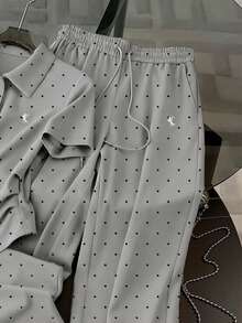 Resyla 波点数码刺绣时尚简约女式Polo领T恤+裤子套装，送朋友的礼物 - 灰色 - 查看 4