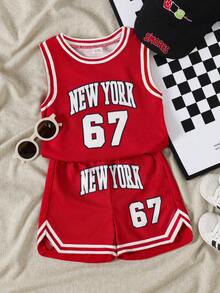 SHEIN Playful Pals 2件組男嬰紅白色夏季可愛海灘運動套裝，網眼無袖上衣搭配數位印花彈性腰圍短褲，時尚戶外服飾 - 白色 - 查看 7