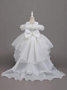 Glamorique Kids Đầm dự tiệc cưới cho bé gái, kiểu trễ vai, tay bồng, thêu chỉ vàng. - trắng - Xem 2
