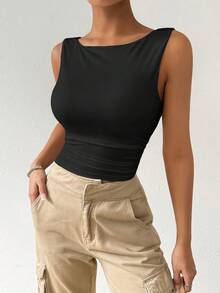 SHEIN PETITE CURVE Áo camisole mùa hè cỡ lớn, màu trơn, kiểu dáng xếp ly, ôm sát, thường ngày. - màu đen - Xem 4