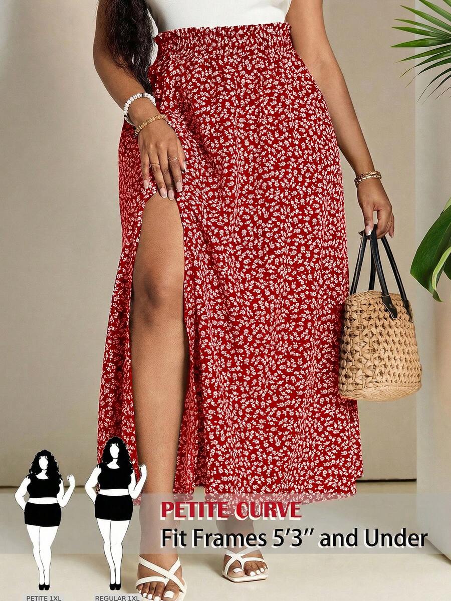 SHEIN PETITE CURVE 大码休闲碎花高开衩半身裙 - 紅色 - 查看 1