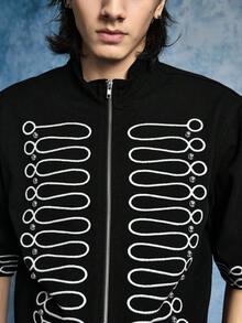 ROMWE MEN Street Life 男士夏季休闲铆钉刺绣细节拉链牛仔短袖衬衫 - 黑色 - 查看 2