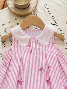 SHEIN LMoss Kids 女婴可爱休闲夏季条纹刺绣彼得潘领连衣裙 - 彩色 - 查看 5