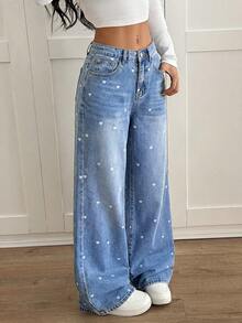 SHEIN PETITE PETITE 女款 Y2K 高腰阔腿牛仔裤，浅蓝色酸洗爱心印花细节，宽松牛仔裤，带口袋，完美打造街头风和日常穿搭。女士休闲宽松阔腿蓝色牛仔裤，复古牛仔裤，海军蓝牛仔裤，蓝色返校季牛仔裤，喇叭裤型女式牛仔裤。 - 藍色 - 查看 4