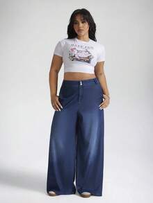 SHEIN PETITE CURVE 大码女式高腰双扣针织阔腿牛仔裤弹力休闲夏季穿搭大码纯色中腰带环休闲直筒宽松牛仔裤 - 深色水洗藍 - 查看 7