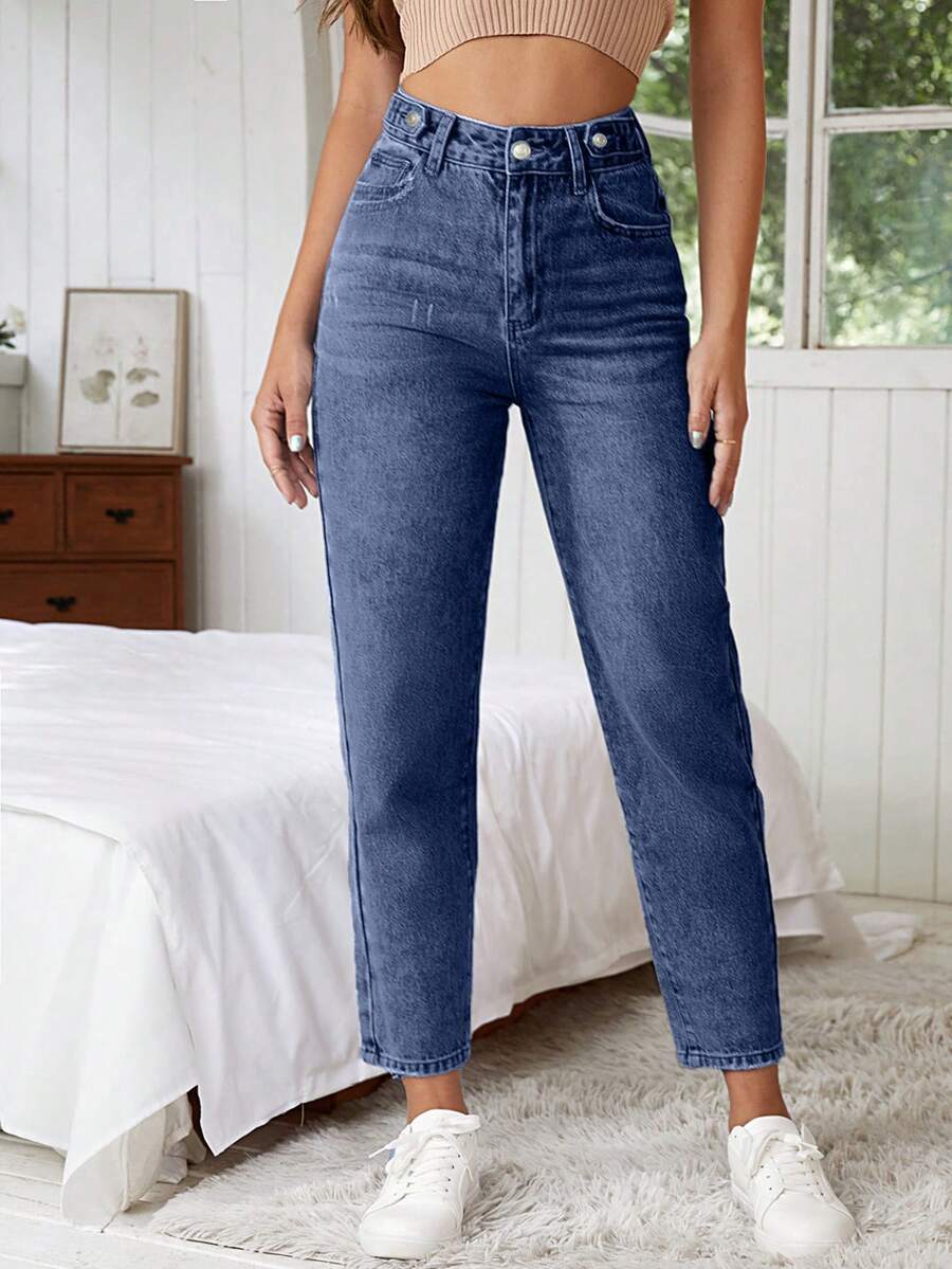 EURMUSE Women's Casual Washed High Waist Tapered Leg Jeans - Blue - View 1