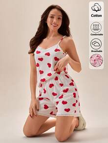 Loomlin Bộ đồ ngủ 2 mảnh in hình trái tim dành cho nữ, áo hai dây viền ren và quần short, chất liệu cotton. - Đỏ và trắng - Xem 1
