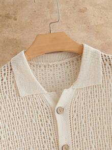 HIMLAND 新款不对称镂空针织男士衬衫，纽扣领，春夏款 - 杏色 - 查看 4