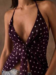 SHEIN BAE 女士浪漫度假性感复古波点褶皱系带V领露背吊带背心，适合假日约会、下午茶、海滩、邮轮、城市度假、婚礼季、音乐节、波西米亚风度假 - 紫紅色 - 查看 3