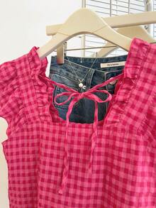 Resyla 女士格子拼接荷叶边休闲衬衫 - 玫紅色 - 查看 6