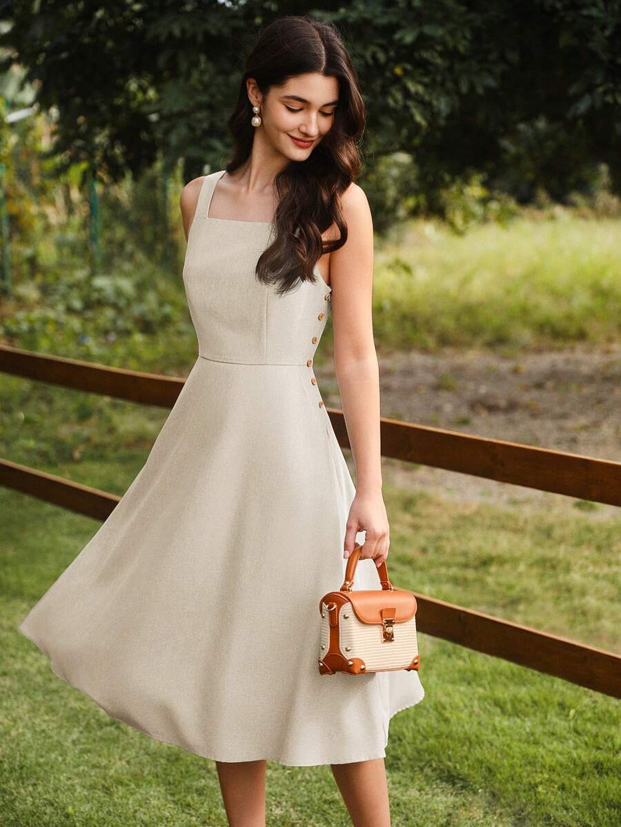 Vintamour 复古优雅女士连衣裙，带口袋和纽扣，休闲度假夏季女装，浪漫连衣裙，夏季连衣裙，沙滩装，90年代风格女装，优雅夏季服装，春季女装，春季连衣裙，夏季度假连衣裙，沙滩裙，太阳裙，蓝色连衣裙，复活节连衣裙，夏季女装，绿色连衣裙 - 杏色 - 查看 1