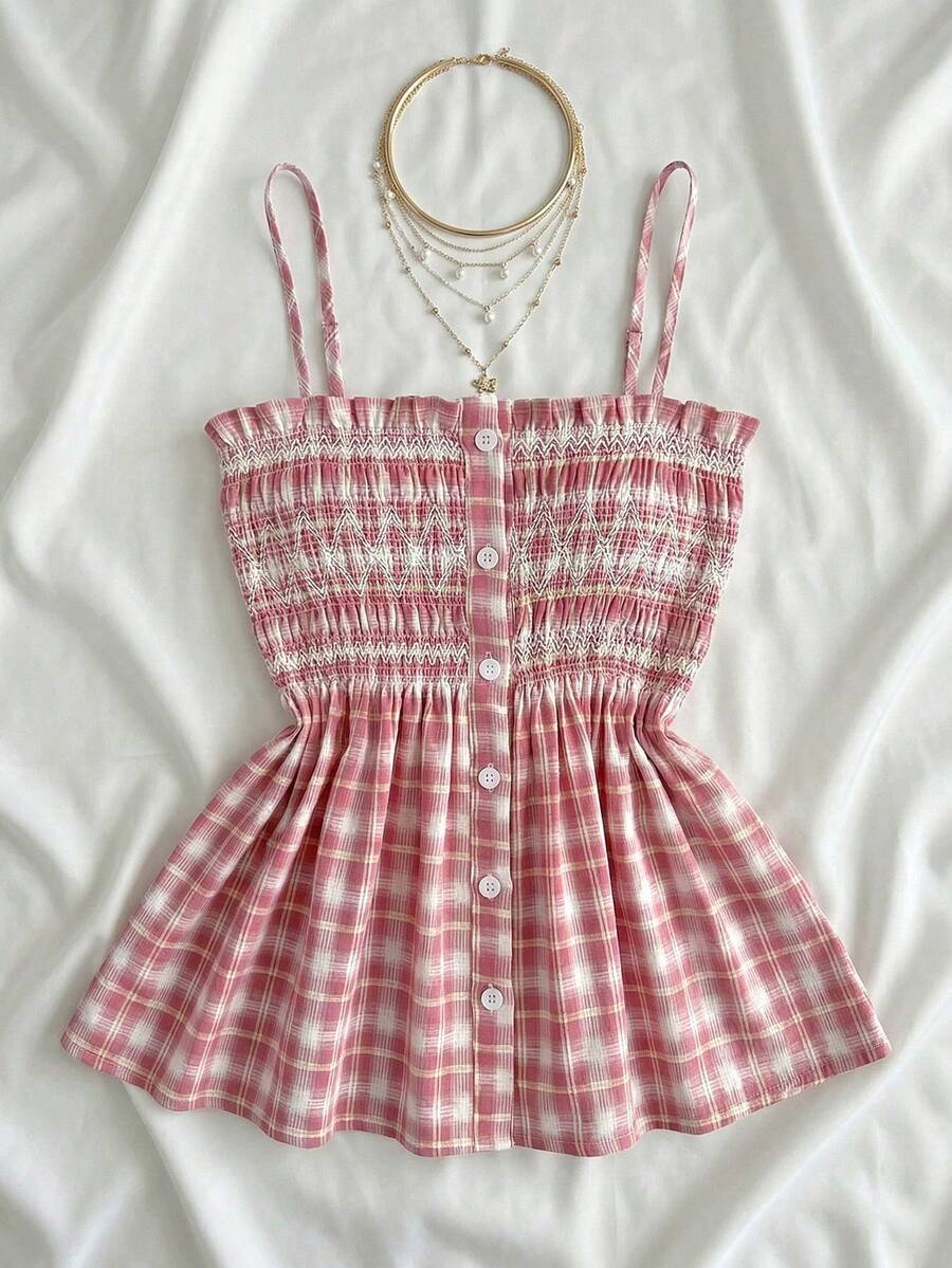 Elamini Áo hai dây crop top xếp ly kẻ caro mùa hè cho nữ, phong cách thường ngày thoải mái. Trang phục mùa hè cho nữ, áo nữ mùa hè dễ thương, áo kẻ caro. - Hồng - Xem 1