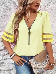 SHEIN LUNE Women's Mesh Patchwork Flare Sleeve Zip-Up Loose Blouse - Light Yellow - View 7