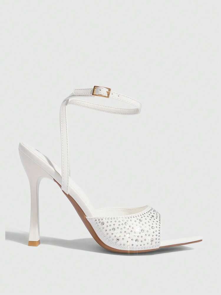 CUCCOO SZL Women Shoes Pointed Slender Heel White Rhinestone Open Toe Ankle Strap Women's High Heel Sandals Sexy Fashion Gorgeous Elegant With Skirts Daily Versatile Banquet Party Women Sandals