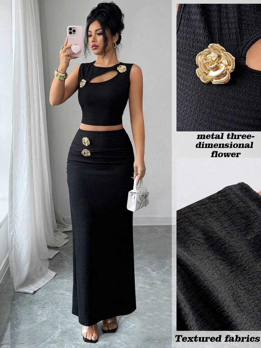 SHEIN Raffinéa Women's Spring/Summer 2-Piece Set, Knitted Textured Metal Button Decor Hollow Chest Top And Waist Cinched Back Slit Maxi Skirt Black Two Piece Set Black Skirt Set Elegant 2 Piece Set Two Piece Long Skirt Set 2 Piece Dress - Black - View 1