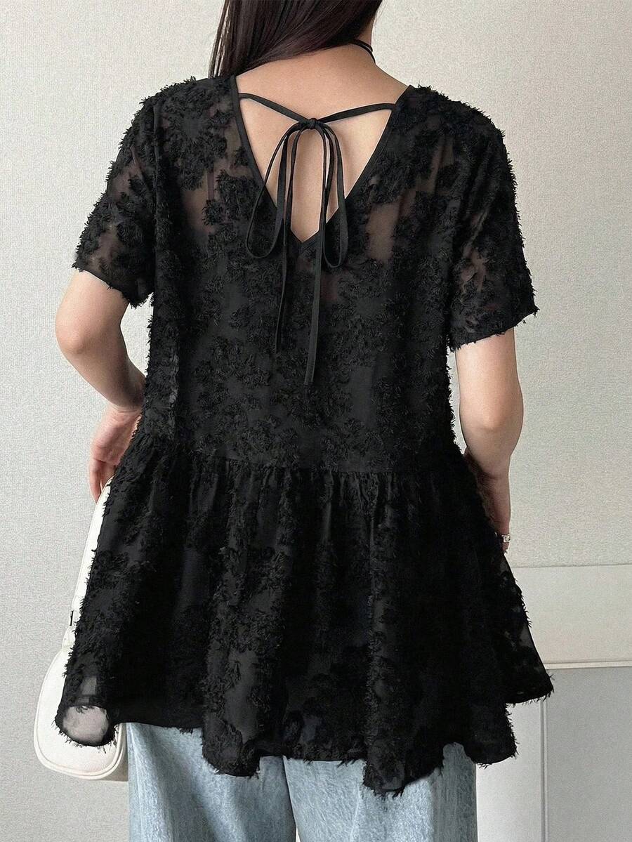 FRIFUL 女士V领纹理宽松无袖背心外套 夏季 - 黑色 - 查看 1