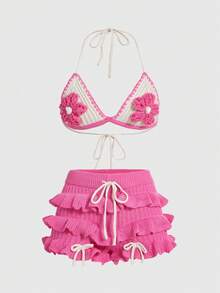 ROMWE Fairycore Conjunto de punto hecho a mano estilo Y2K para mujer, ideal para vacaciones en la playa - Rosa - Ver 5