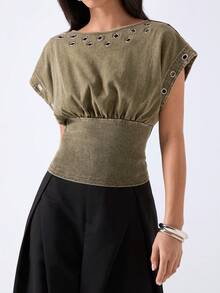 LYSMO Áo thun nữ màu trơn tay cánh dơi cổ tròn eo dáng casual - Màu xanh Ô liu - Xem 6