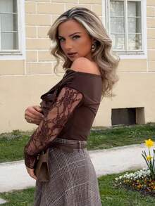 Jeta Ari Áo thun nữ cổ ren ôm dáng, kiểu dáng thanh lịch dành cho phái nữ, thích hợp cho mùa thu/đông. - Cà phê nâu - Xem 5