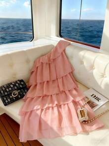 EMERY ROSE Party Style Dusty Pink A Line Mini Dress For Women Sleeveless Asymmetrical Neck Tiered Layer Design - Dusty Pink - View 3