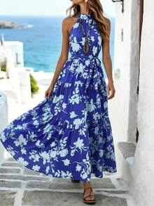 Breezaya Women's Light Blue Floral Summer Boho Halter Neck Maxi Dress,Allover Print Layered Hem Belted Elegant Long Holiday Vacation Outfits For Beach Resort - Royal Blue - View 5