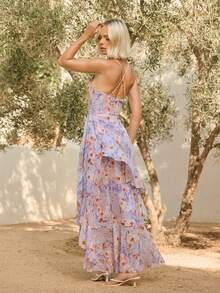 L'Amorae Đầm dài bằng vải chiffon cổ đổ, thiết kế bất đối xứng với bèo nhún. - Nhiều màu - Xem 2