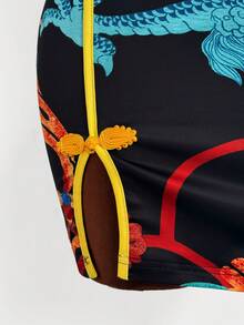 Sunspun Chinese Style Dragon Print Halter Neck Cheongsam Dress, Contrast Color Bodycon Mini Dress, Retro Sexy Sleeveless Dress - Black - View 4