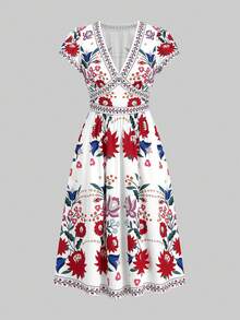 Ellevyn 女士印花V领短袖中长连衣裙，度假风 - 紅白色 - 查看 6