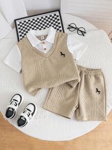 SHEIN Streecool Kids Bộ 2 món áo tay ngắn và quần short bằng vải jacquard thêu họa tiết cho bé trai, thoải mái cho trang phục thường ngày ngoài trời, thích hợp cho mùa xuân và mùa hè. - Màu be - Xem 1