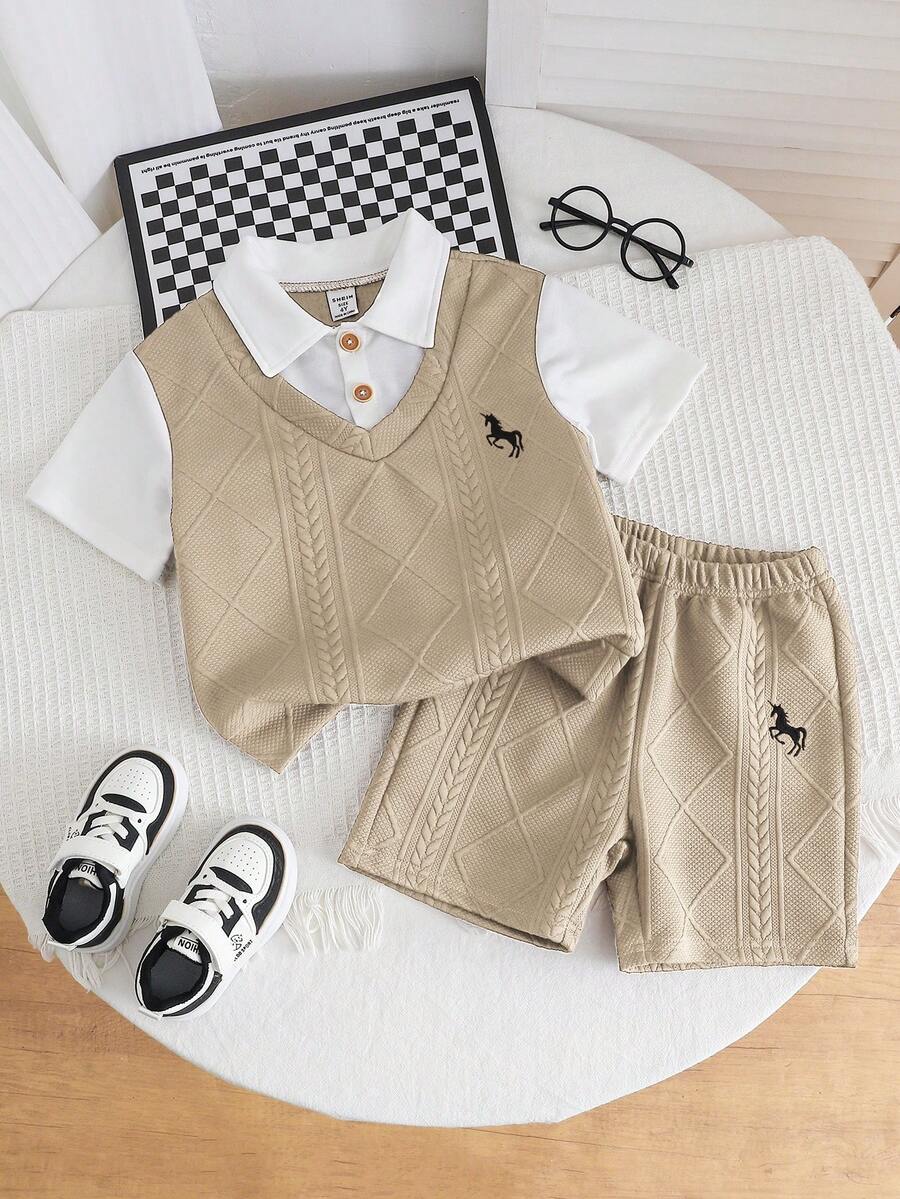 SHEIN Streecool Kids Bộ 2 món áo tay ngắn và quần short bằng vải jacquard thêu họa tiết cho bé trai, thoải mái cho trang phục thường ngày ngoài trời, thích hợp cho mùa xuân và mùa hè. - Màu be - Xem 1