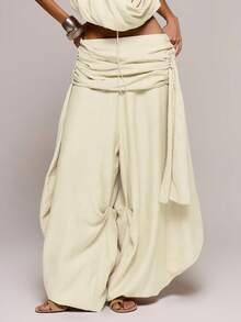 Pantalones de pierna ancha con textura de lino de talle bajo y caída extrema, para primavera y verano, sexy para citas, club, festival, salida nocturna, vacaciones, atuendos primaverales de chica cool, fiesta - Crema - Ver 2