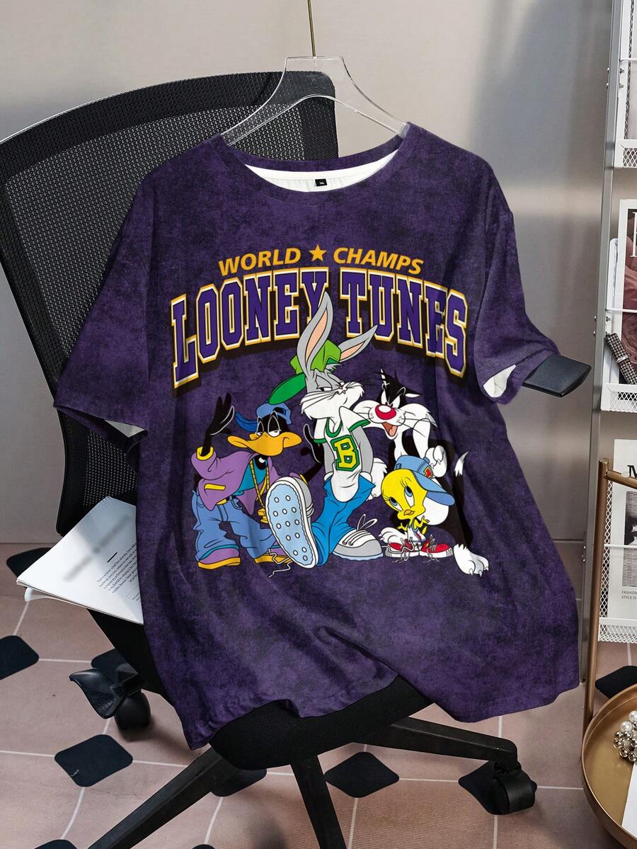LOONEY TUNES X SHEIN 大码女式圆领卡通字母印花休闲百搭日常短袖T恤 - 白色 - 查看 1