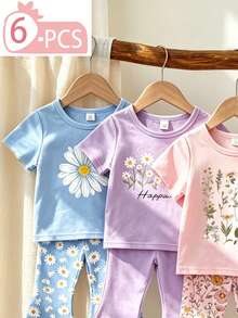 6件套女婴套装（6个月-2-3岁）雏菊印花+“HAPPINESS”标语短袖T恤和喇叭裤，轻便舒适，适合日常穿着、上学、生日派对、野餐、春、夏、秋季户外活动。 - 彩色 - 查看 4