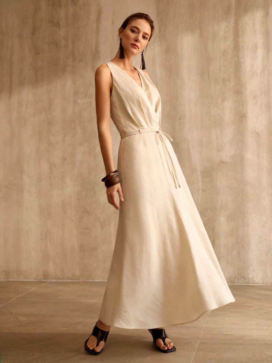 MOTF PREMIUM 女士亚麻混纺吊带长连衣裙 - 杏色 - 查看 1