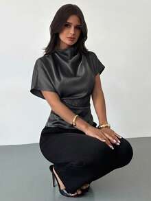 Firerie Wrinkled Collar Asymmetrical Sleeve Side Ruched Cinched Waist Commuter Apricot Bamboo Fiber Linen Blouse For Women, All Season,Summer Top - Dark Grey - View 2