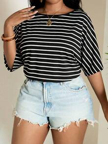 SHEIN PETITE CURVE Áo liền thân tay ngắn kẻ sọc đen trắng thời trang dành cho nữ - Nhiều màu - Xem 3