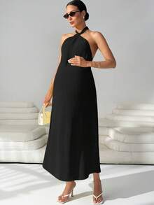 MaterniWear 夏季孕妇纯色简约吊带连衣裙 - 黑色 - 查看 4