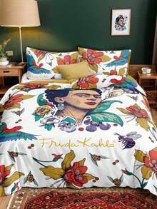 Frida Kahlo X SHEIN 弗里达花鸟印花三件套被子，磨毛材质，柔软保暖，多种尺寸可选，适用于单人床/双人床/大号床/特大号床，可机洗 - 彩色 - 查看 4