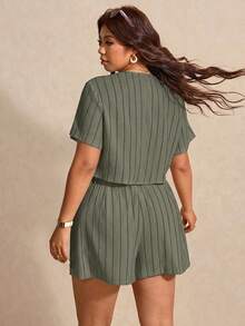 Elaquor Plus Size Women Striped Short Sleeve Button-Up Shirt And Shorts Casual 2-Piece Set - Army Green - View 2