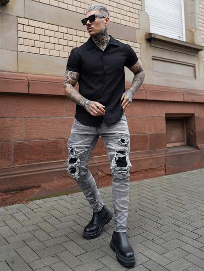 Artur Kramer Men Ripped Frayed Skinny Jeans, Plain Slim Fit Long Light Grey Cargo Jeans, For Husband, Boyfriend Gifts Work Going Out Urban Vacation Street