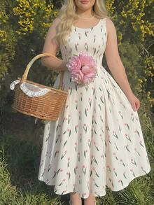 MOD Vestido largo rosa con estampado de tulipanes, romántico y soñador, con espalda abierta y lazo maxi en la espalda - Ideal para fiesta de té en el jardín, cita, fiesta, vestido de verano y primavera para mujer, ropa de playa, vacaciones de primavera, picnic, festival, atuendo de cumpleaños - Multicolor - Ver 8