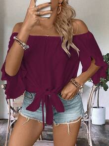 EMERY ROSE Plus Size Women's Vacation Solid Color Off-Shoulder Knotted Waist Fashionable Blouse - Red Violet - View 5