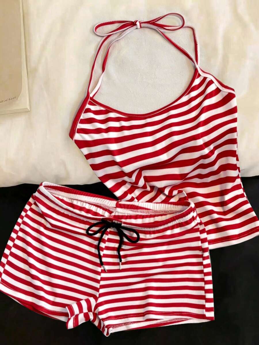Resyla Bộ đồ hai mảnh kẻ sọc mới gồm áo hai dây buộc eo và quần short, trang phục thường ngày gợi cảm ôm sát dành cho nữ. - Đỏ - Xem 1